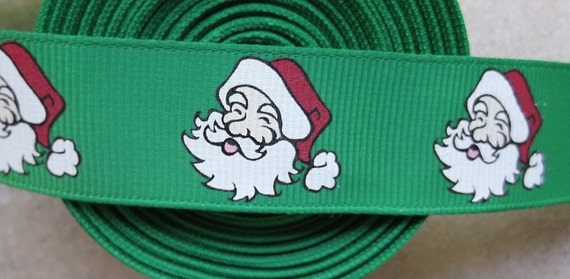 Santa Claus on emerald green 7/8" grosgrain ribbon Christmas Il_570xn