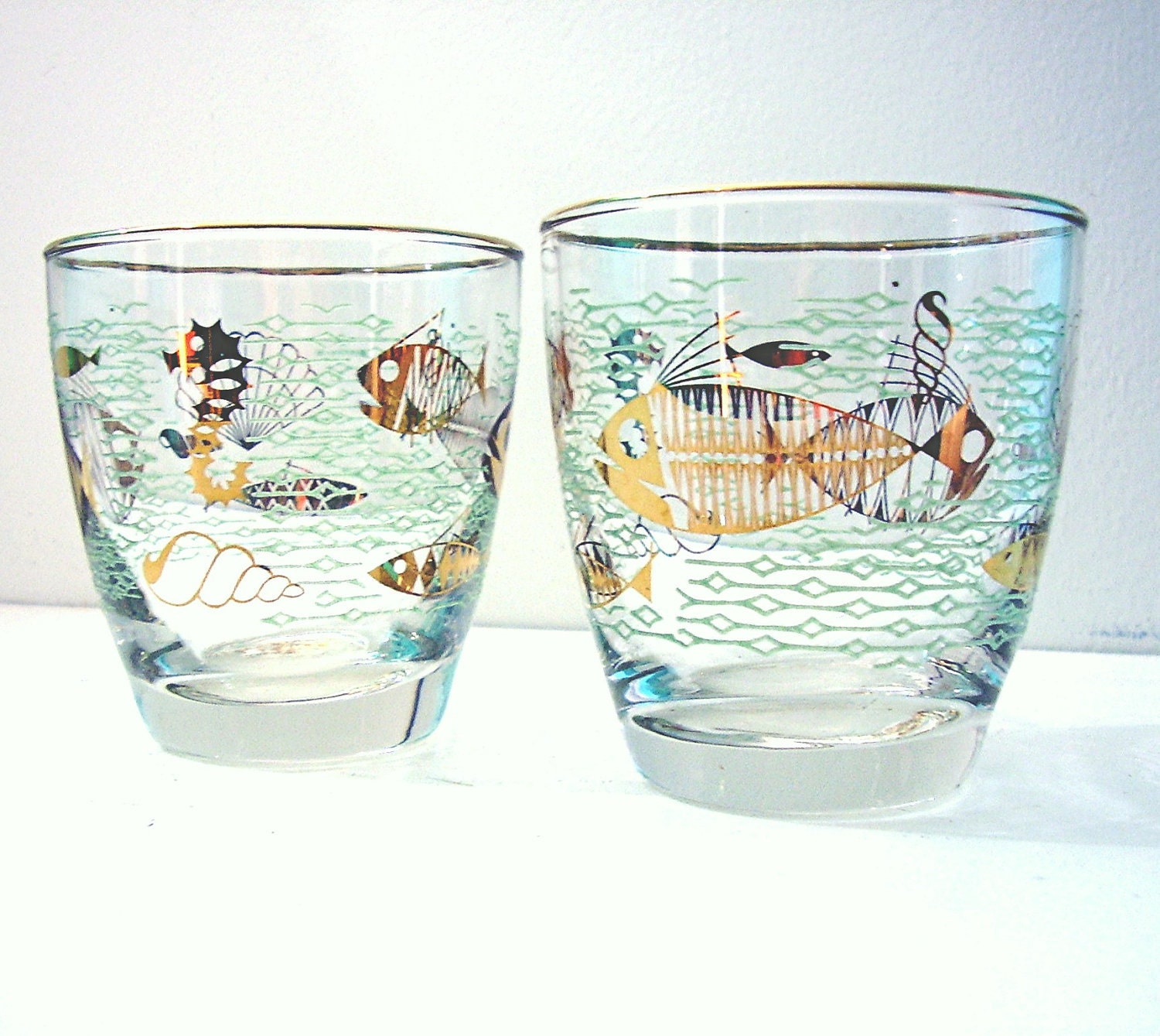 Vintage Mid Century Barware Nautical Seashore Gold Mint Green