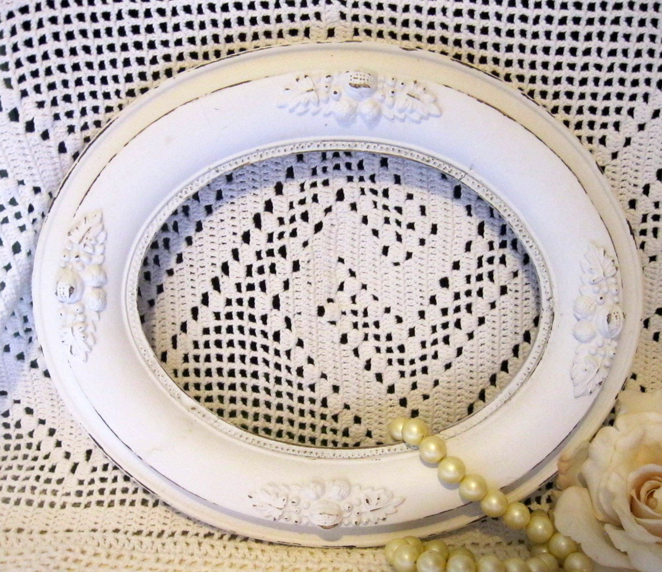 White Antique Cottage Wood and Gesso Oval by Sisters2Vintage