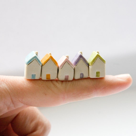 Items similar to Miniature clay houses five ceramic porcelain tiny