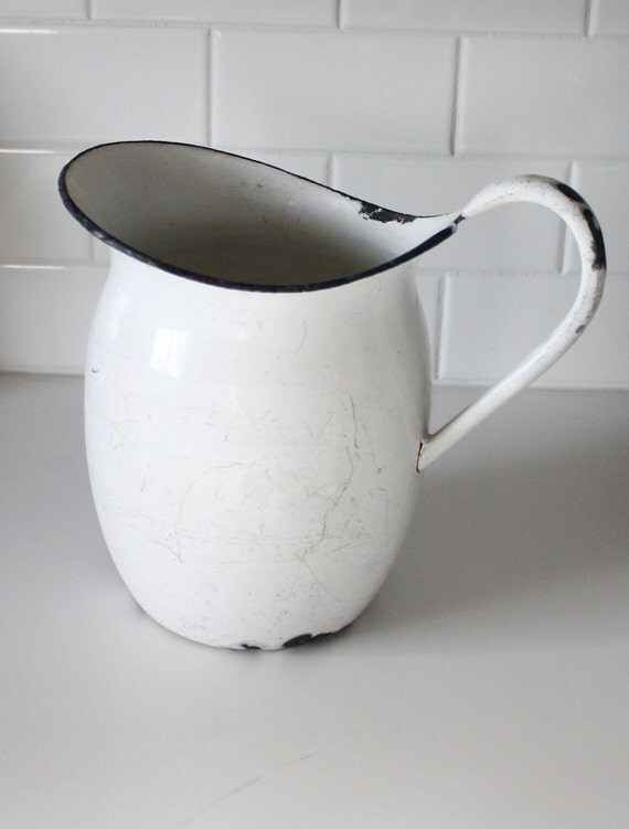 Vintage Enamel Water Pitcher White