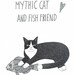 Original Drawing Ink Folk Modern Black Cat With Fish Myth Contemporary Stylised Hand Drawn Typography