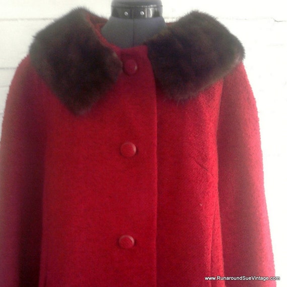 Vintage 1960s Coat CRANBERRY Red Wool Coat with ESPRESSO Fur