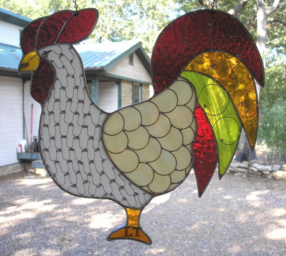 Lt Stained Glass Ooak Rooster Chicken Panel Red Amber Green