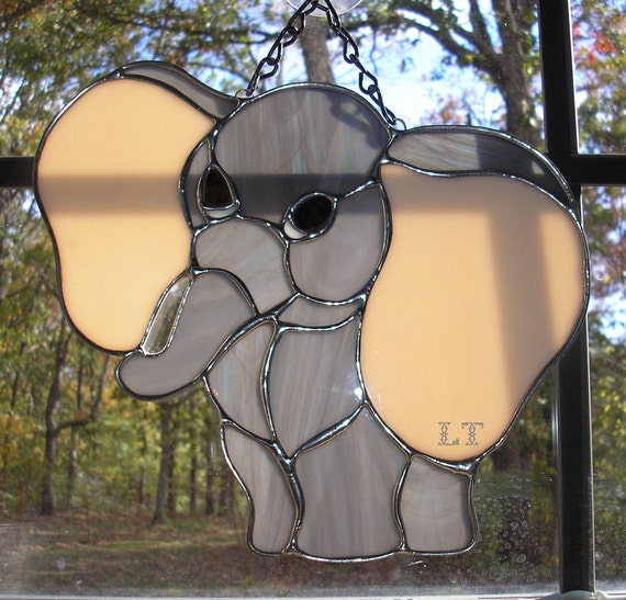 LT Stained glass Elephant sun catcher light catcher big pink