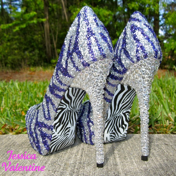 Zebra Purple & Silver Glitter Heels by RippedClothing on Etsy