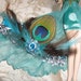 Bridal Garter in Turquoise Teal Blue & Damask with Removable Peacock Feather Hair Clip, Prom Garter Wedding Clearance