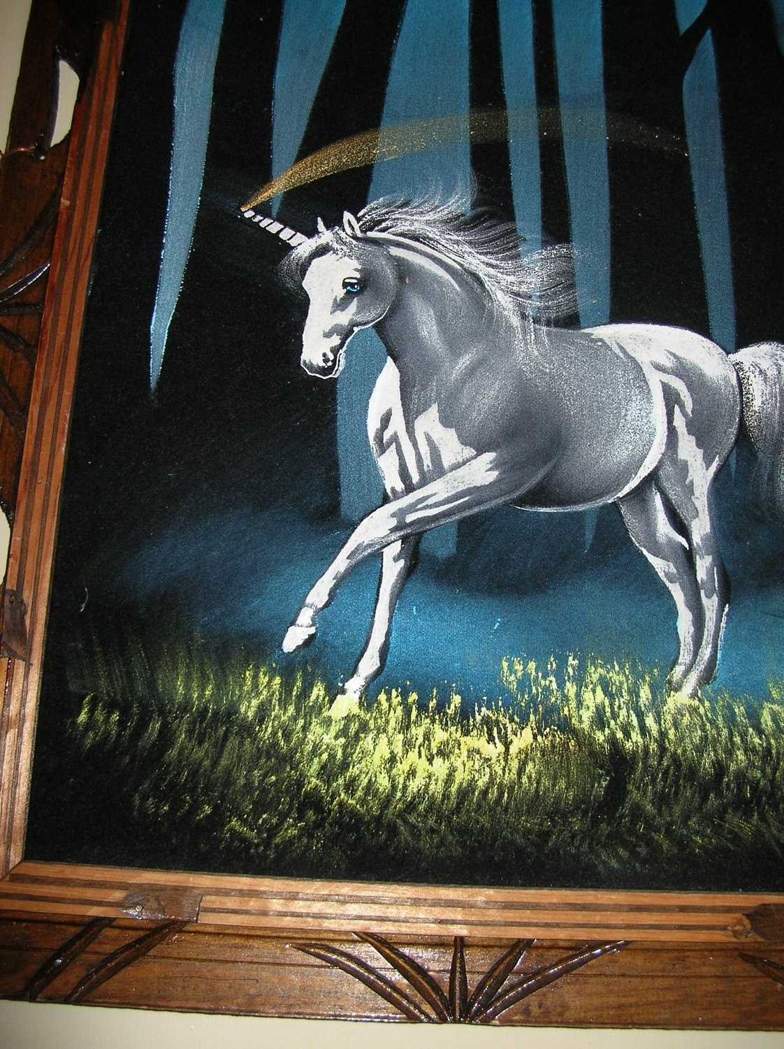 Vintage Oil On Velvet Carved Framed Unicorn Painting by faith1231