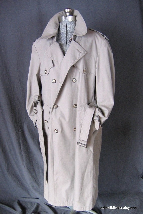 Vintage Mens Retro Trenchcoat Towncraft Light Gray Size