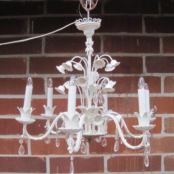 accents White floral Vintage chandelier floral    arms, vintage crystals, Chandelier w/6 Metal