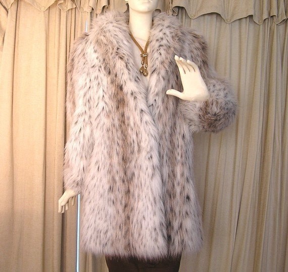 Snow Leopard Fur Coat Vintage 60s Faux Fur Snow Leopard Exotic Animal Print Coat Double Ted With Large Gold