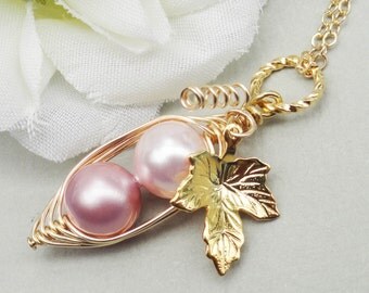 Two Peas In A Pod Pendant Necklace - ALL GOLD Filled Two Shades Of Pink For Sisters Best Friends Daughters Bridesmaids Or Mom.