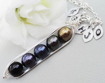 Pea pod necklace, five peas in a pod, silver peas in a pod, hand stamped initial necklace, personalized jewelry, mysterious colors