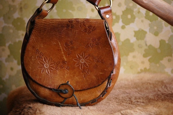 Vintage Hippie/Floral Hand Tooled Leather Purse With Braided