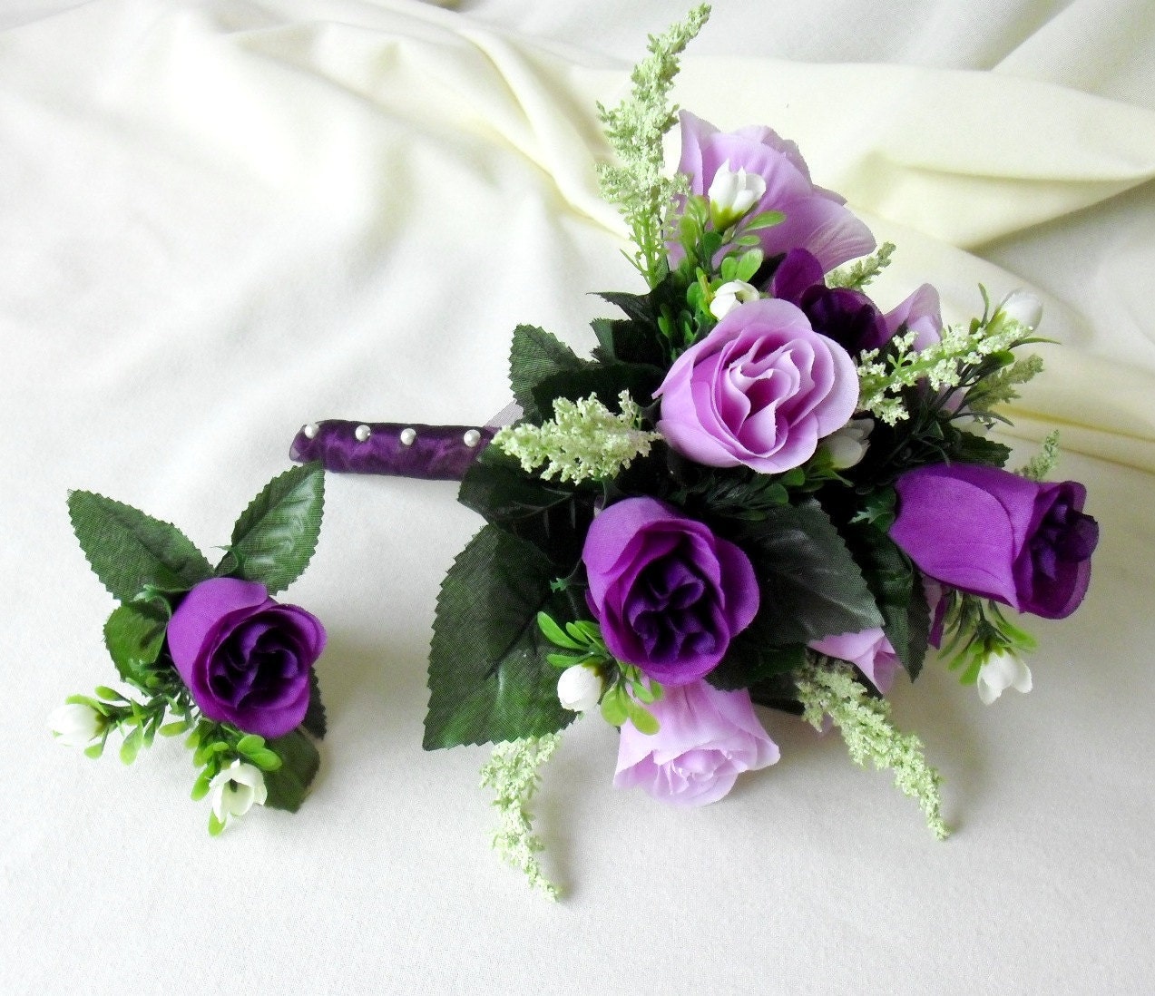 Silk Bridal Bouquet Purple lavender roses wedding flowers