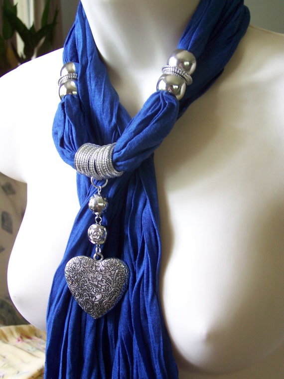 Blue Jewelry Scarf. necklace. scarf necklace. heart pendant