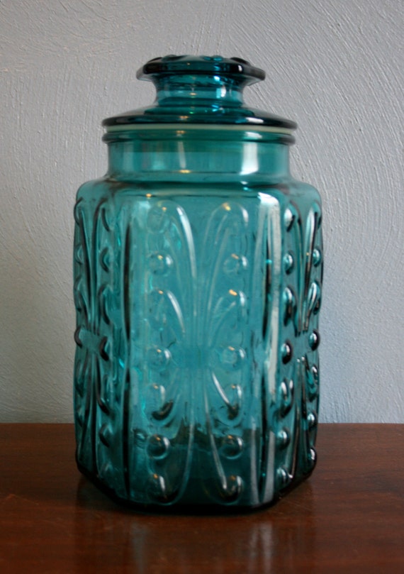 Vintage Large Glass Teal Jar with Pressed Design by voxpopvintage