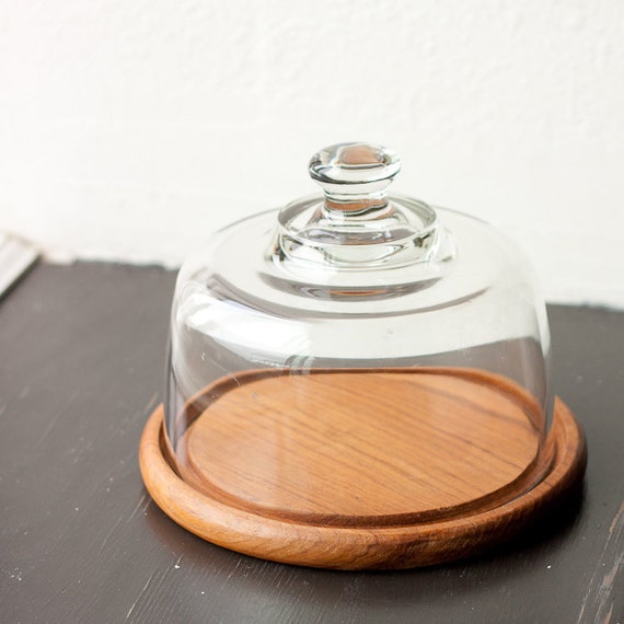Vintage cheese tray, wood with glass dome, Dolphin Teak cheese cloche