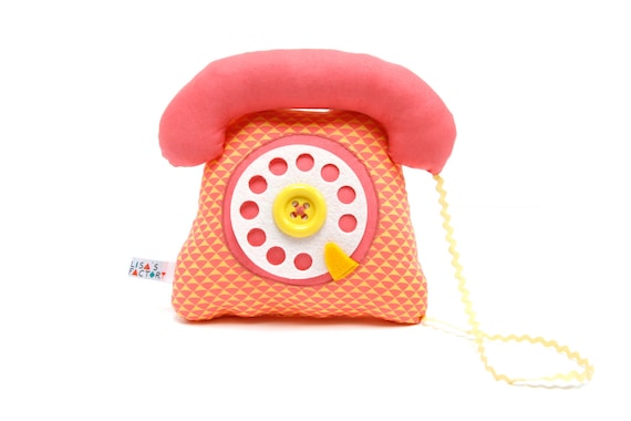 phone dial telephone play cushion velcro handset pink salmon yellow graphic pattern - telephone a cadran combiné avec velcro