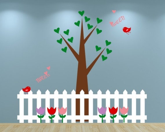 Tree with Birds Hearts Flowers and Picket Fence Vinyl Decal