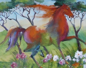 Orange Horse Prancing in Flowers - Original Oil Painting (20" x 16")