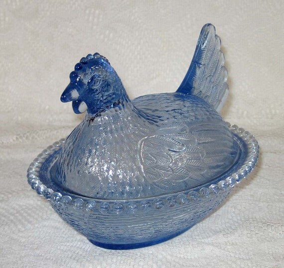 Vintage Nesting Hen/Chicken on Basket Light Blue Glass Candy