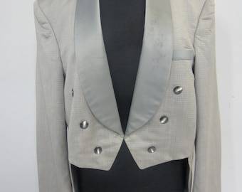 Elegant Yves St Laurent grey tuxedo jacket with tails and satin lapels.