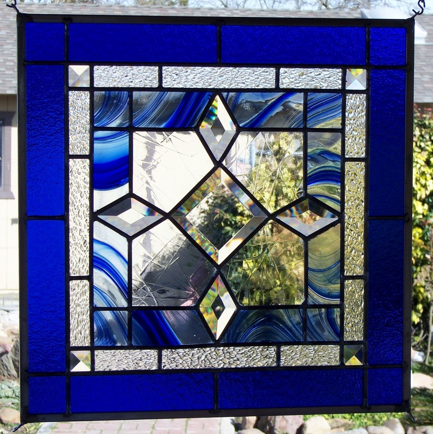 Beveled Blue Stained Glass Window