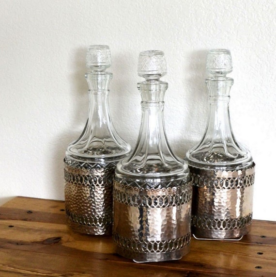 Vintage Glass Liquor Decanter Bottle Set with Silver Metal
