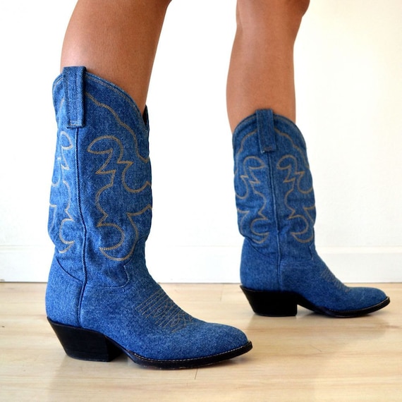 Vintage Blue Denim Mid Calf Cowboy Boots by StoryTellersVintage