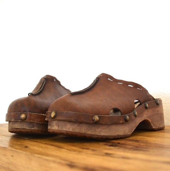 Leather Wooden Clogs Mules Vintage 1970s Chocolate Brown