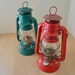 Vintage 1970s Deitz Camping Hanging Oil Lanterns - Set of 2 - Red & Green Rustic Industrial Home Decor