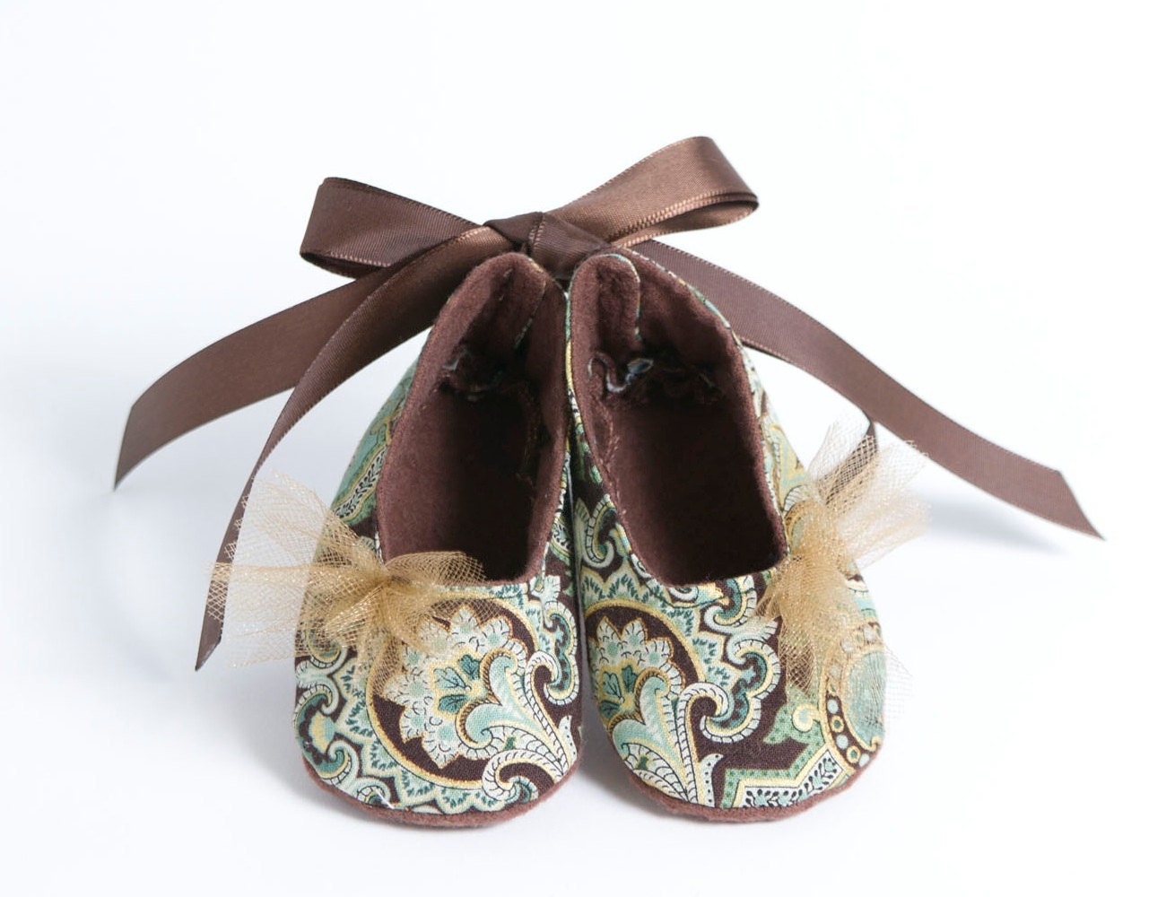 THE DUCHESSBrown Green Satin Ballet Flat Ankle Ribbon Tie