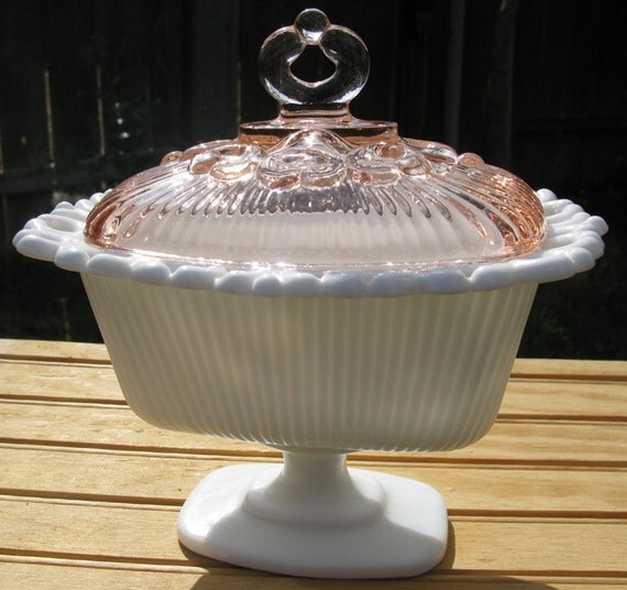 Grandma's Milk Glass Candy Dish Lace Edge