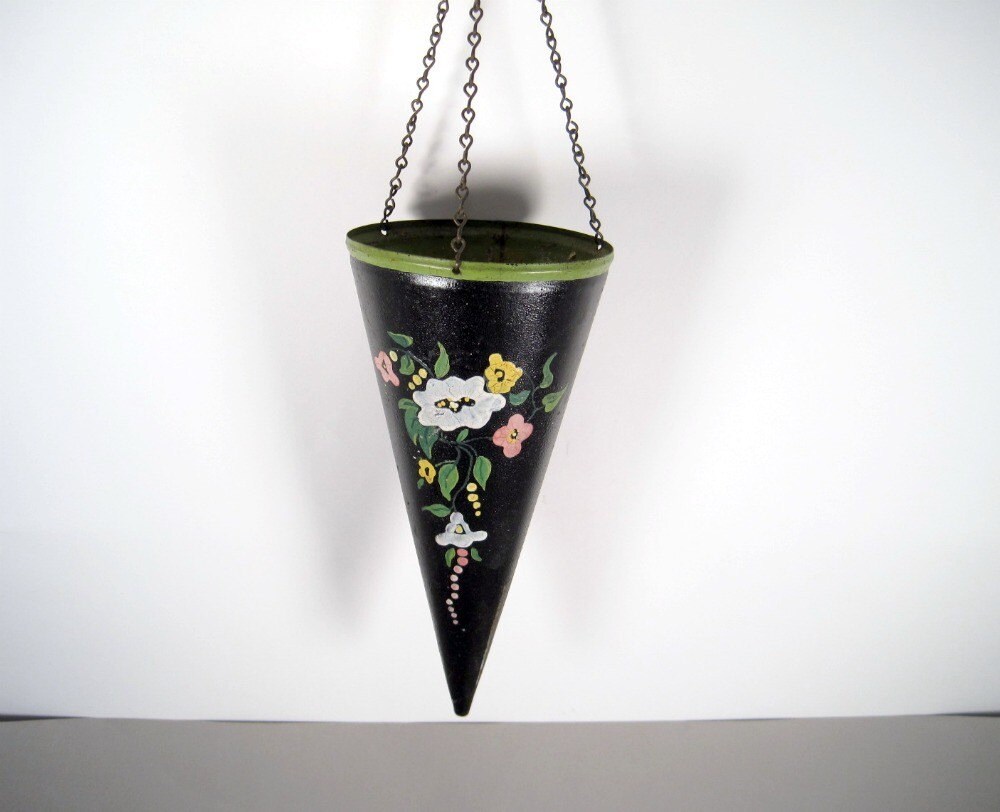 Shabby Metal Cone Hanging Vase with Flowers