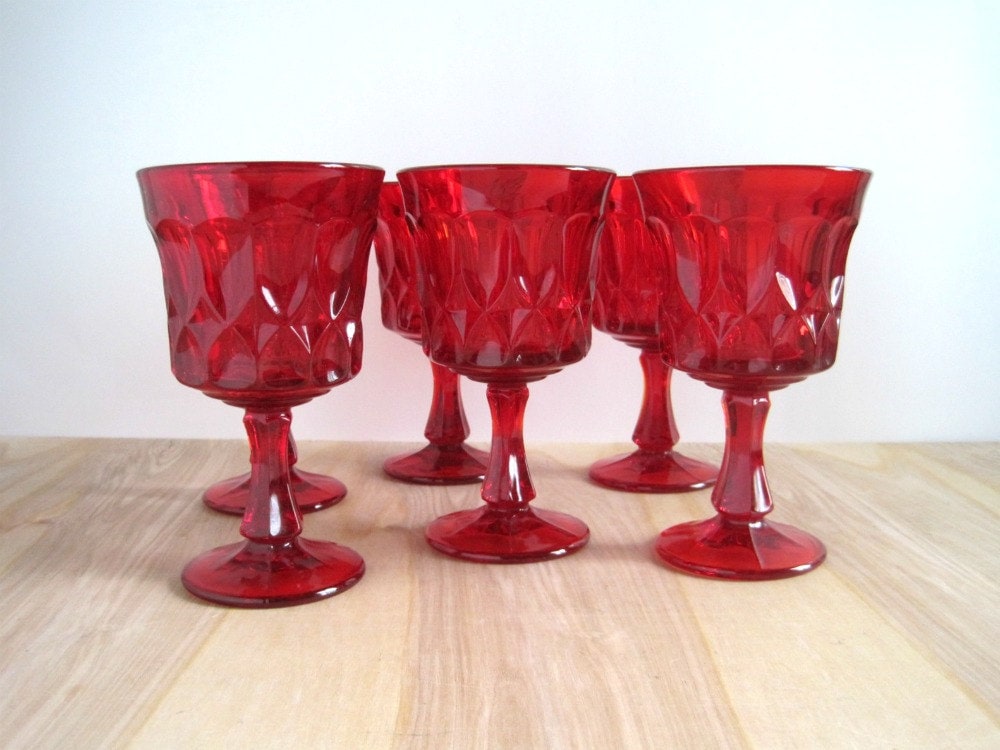 Vintage Ruby Glass Water Goblets Red Glasses Set Of 6