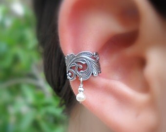 Sterling Silver Ear Cuff - Lace - Pearl Ear Cuff - Non Pierced - Conch Cuff