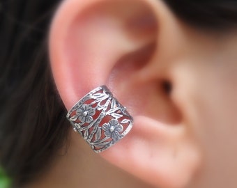 Sterling Silver Ear Cuff - Flowers Ear Cuff - Fake Conch Piercing - Non Pierced - Conch Cuff