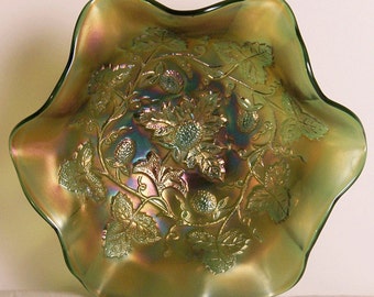 Millersburg Blackberry Wreath Green Carnival Glass Bowl