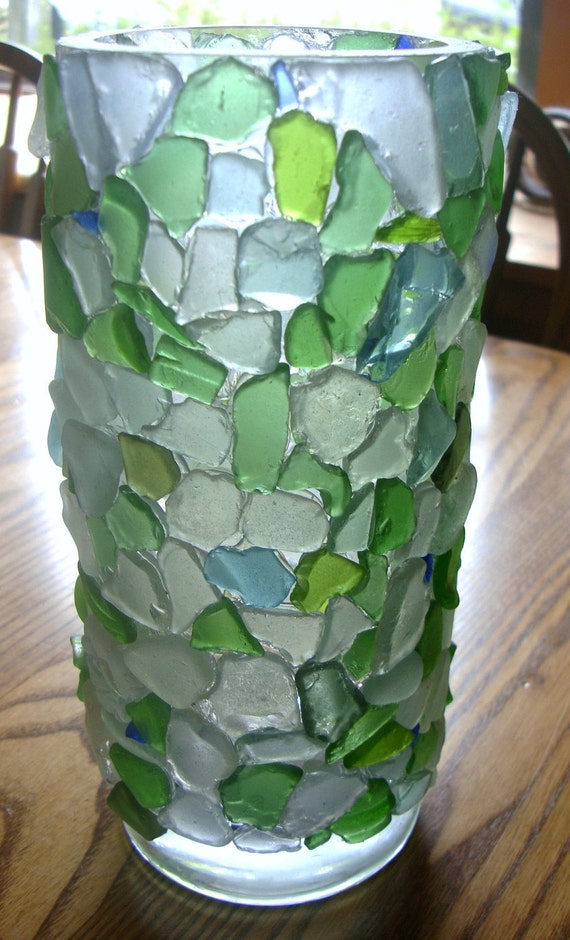 beach glass covered vase