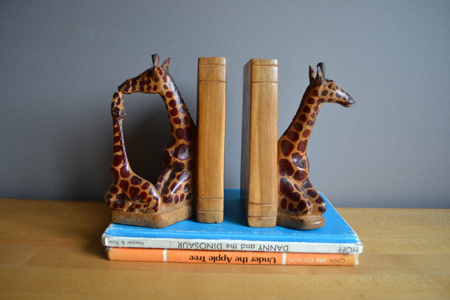 Wooden Giraffe Bookends Sculpture on Your Bookshelf