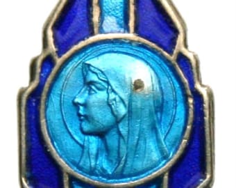 Antique Sterling Enamel Blue Holy Virgin Mary of Lourdes Religious Medal on 18" sterling silver rolo chain