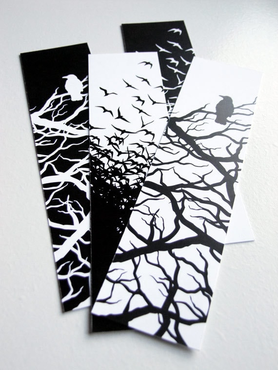 black and white crow bookmarks set of 4