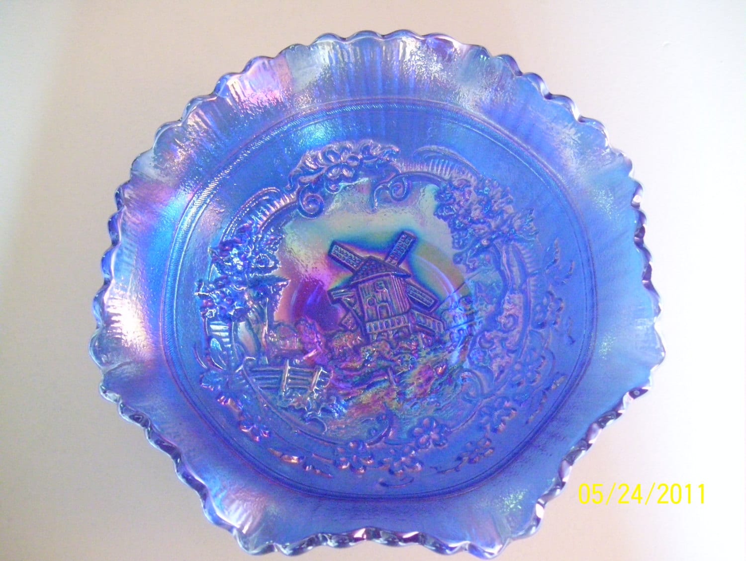 Vintage Iridescent Blue Carnival Glass Bowl By Lakebreezevintage