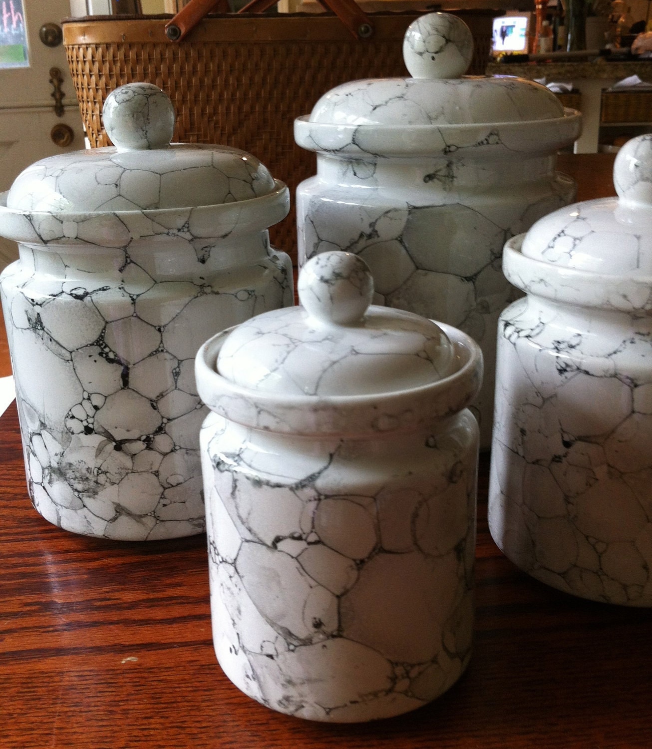 White Kitchen  Canister Set  Ceramic Marble  Glaze