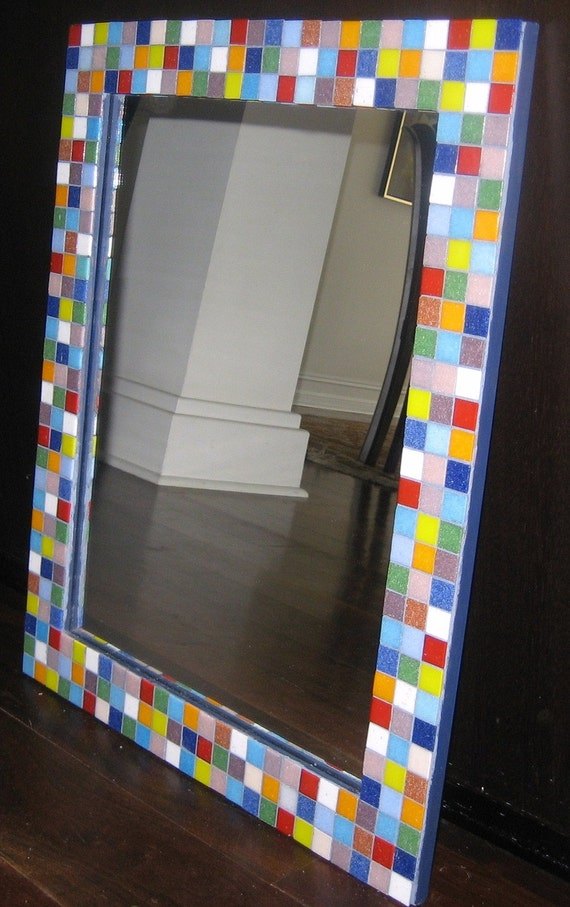 Mosaic mirror with 3/4 multi-colored glass tile. by lynneroskein