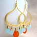 Gold Chandelier Earrings with Wire Wrapped Carnelian and Aqua Chalcedony, Aqua and Orange Dangle Earrings, Beach Wedding Jewelry