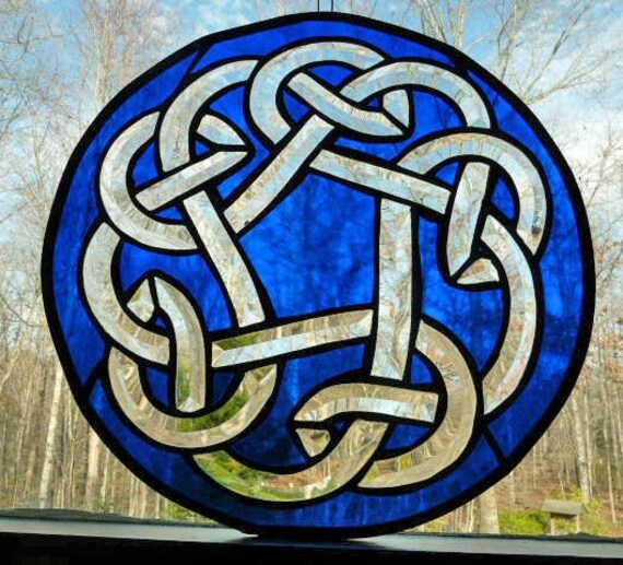 Leaded Stained Glass Celtic Knot Clear Bevels And Cobalt