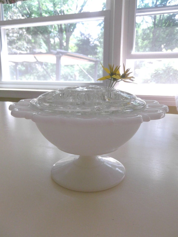 Milk Glass Flower Frog / Bowl Set / Vintage 1970s