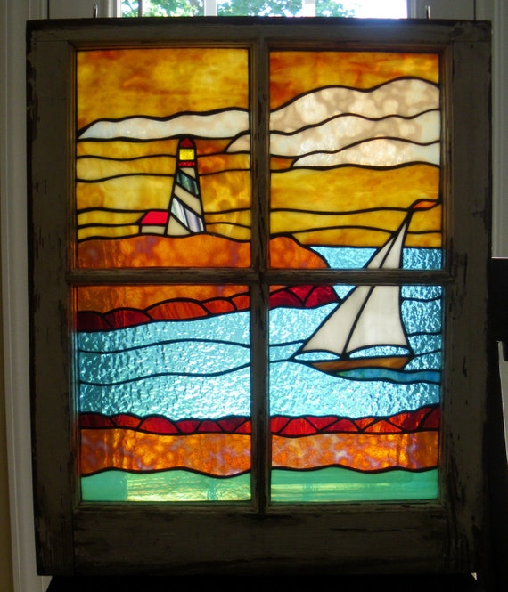 Stained Glass Sailboat Panel in Old Window by ...